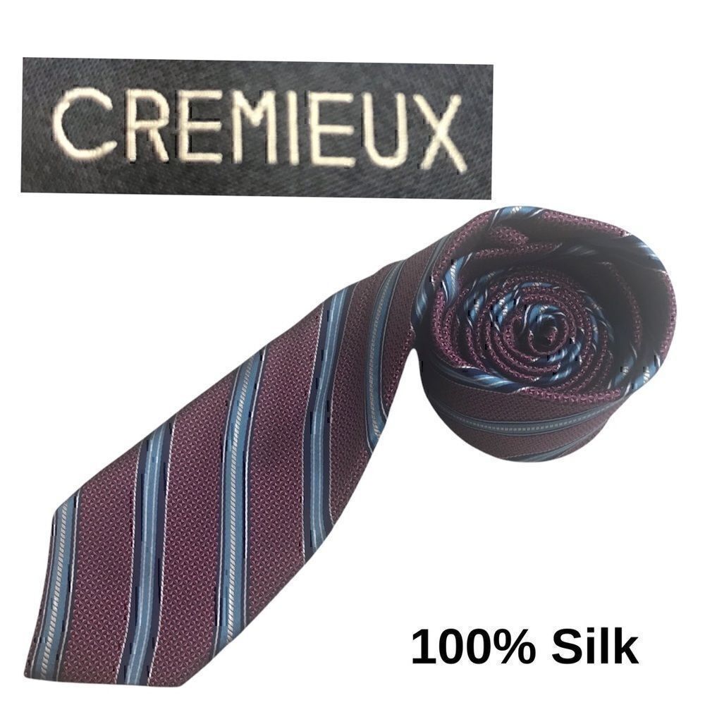 David Cremieux 100% Silk Magenta and Blue Woven Striped Tie. Made in the USA